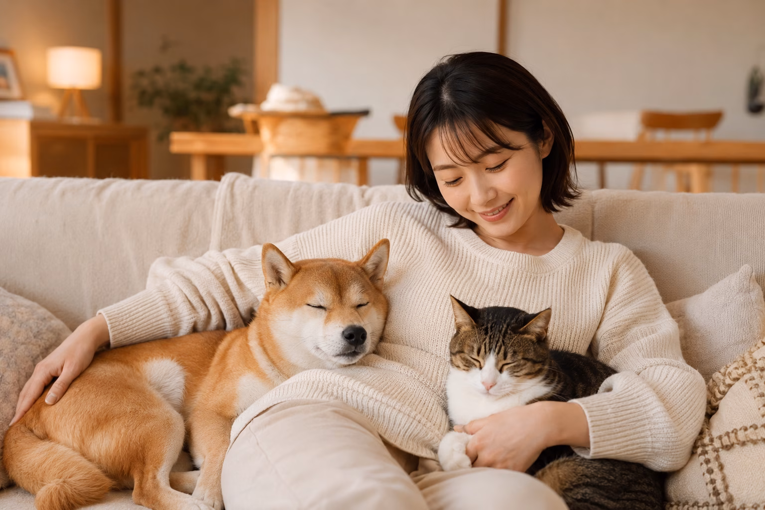 飼い主に寄り添う元気な犬と猫