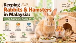 A rabbit and hamster in a cozy indoor setup with food, hay, toys, and shelter, introducing housing, nutrition, health care, and daily care in Malaysia.