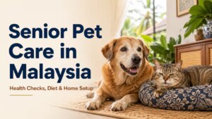 A senior dog and cat resting comfortably at home, highlighting health checks, age-appropriate diet, and a safe living environment for older pets in Malaysia.