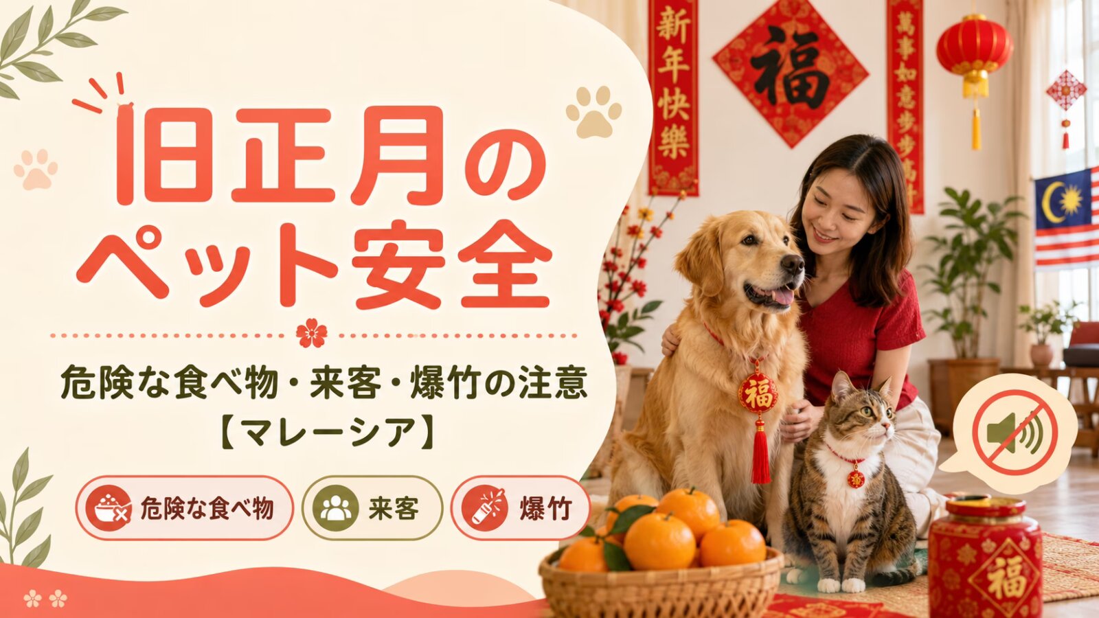 旧正月の飾りのある室内で犬猫と過ごし、危険な食べ物・来客・爆竹への注意点を紹介する画像。